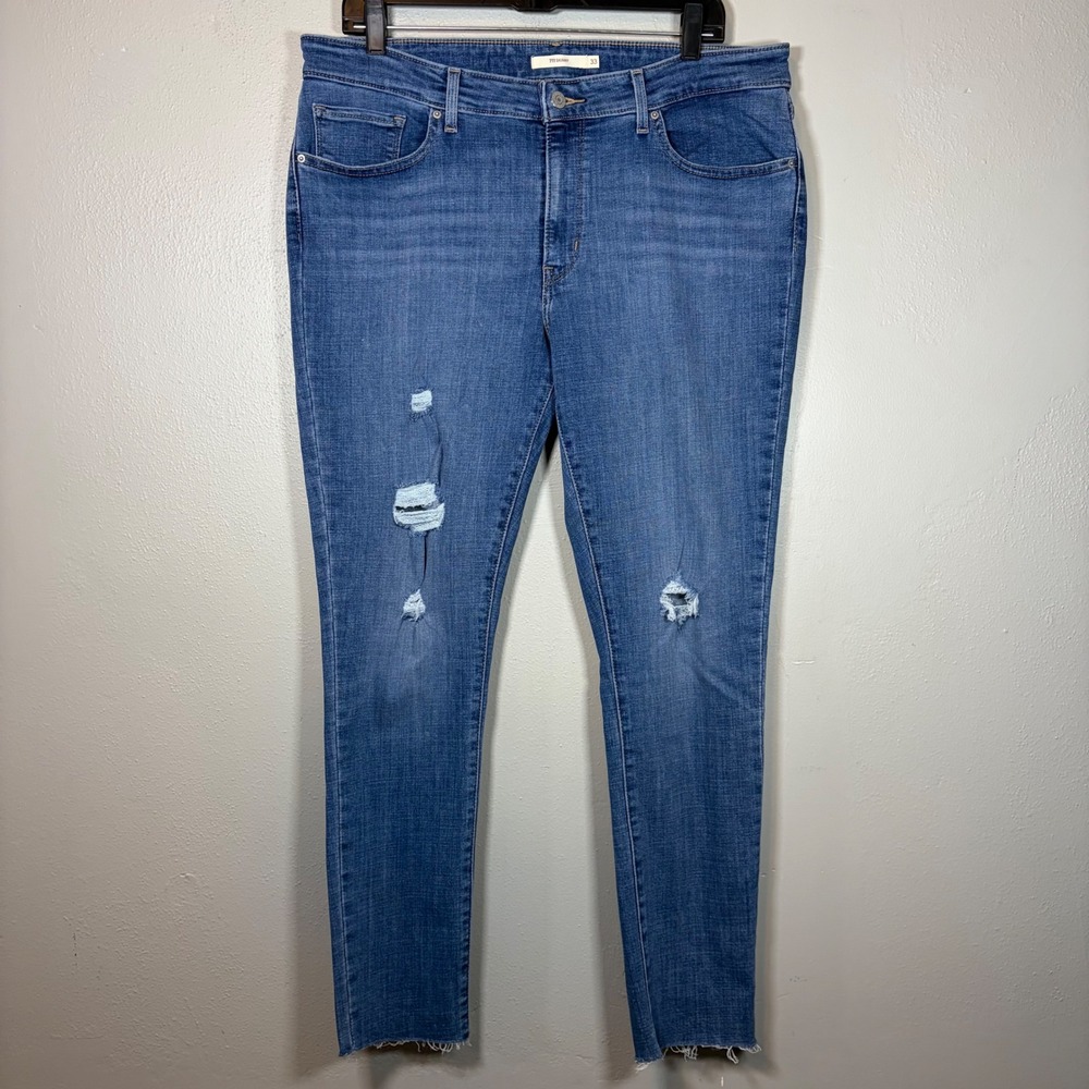 Levis 711 Skinny Jeans Womens 33 Blue Distressed Ripped Raw Hem Denim Pants